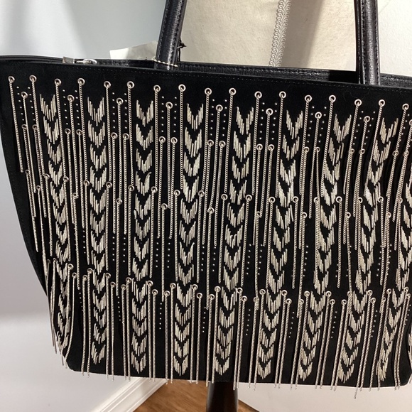 NWT CROMIA WOMAN'S LARGE LEATHER SUEDE TOTE BLACK  BAG FRINGE CHAINS AT FRONT - Picture 12 of 16